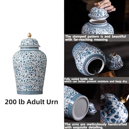 Blue Flower Urn for Adult Ashes - Ceramic Large Memorial Cremation Urn 200 Cubic Inches - Blue Flowers 200Lb Variation