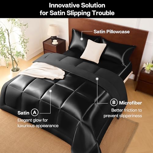 MR&HM Black Queen Reversible Satin Microfiber Comforter Set, All Seasons, 3 Pieces