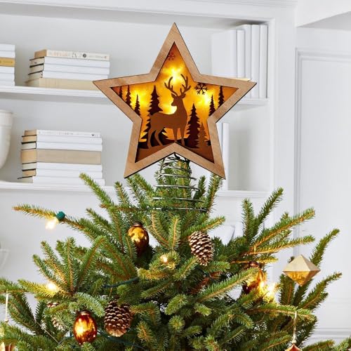 Christmas Star Tree Topper, Rustic Reindeer Wooden Toppers with Warm