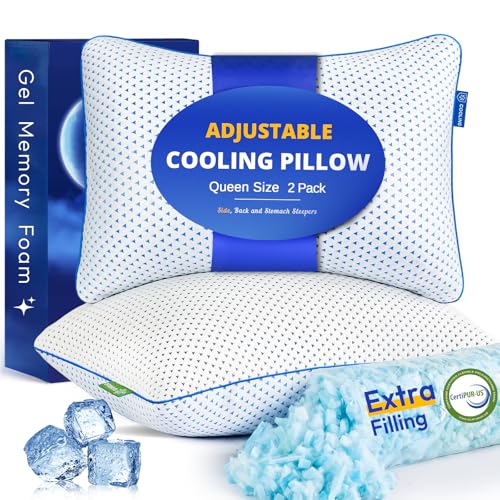 Queen Size Cooling Gel Memory Foam Pillows Set of 2 - Adjustable Support, Breathable Cover