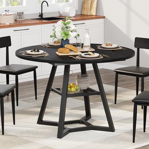 Black 47-Inch Round Dining Table for 4 with Pedestal Metal Frame Kitchen & Dining