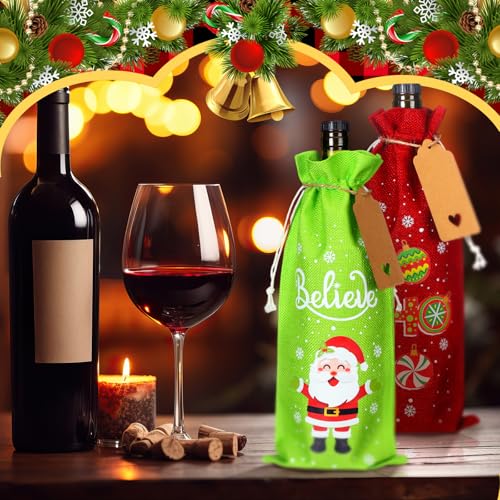 24 Pcs Christmas Burlap Wine Bags with Tags & Drawstrings - 5.9 x 13.8in