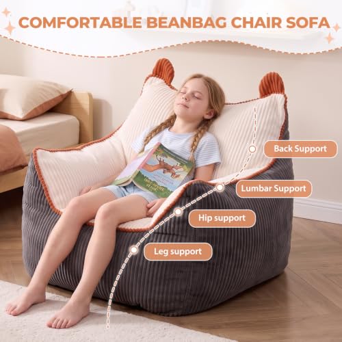 Kids Bean Bag Chair 28-Inch Plush Sofa for Reading & TV - Beige-Grey Variation
