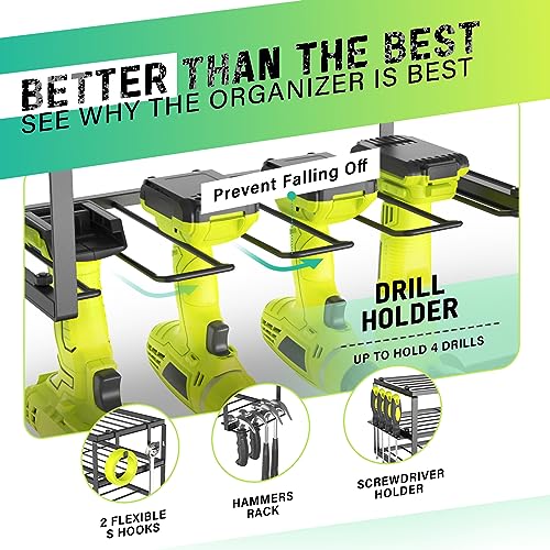Power Tool Organizer Wall Mount with 4 Drill Holders - Heavy Duty Steel Storage Rack