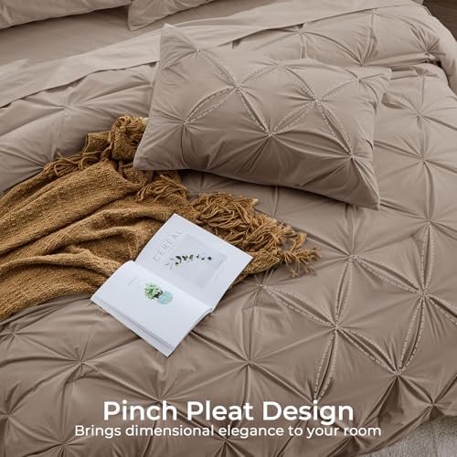 Oversized King Comforter Set with Geometric Pintuck Design - Dark Linen, 7 Pieces