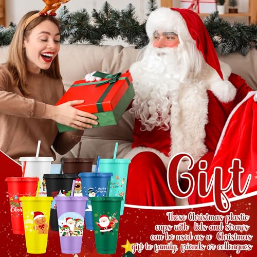 Christmas Tumblers Gift Set with Snowflake & Tree Designs, 24 oz, Includes Lids & Straws, Reusable Plastic Cups, Holiday Party Favors