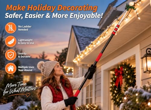 KINGPOUL 18ft Telescoping Christmas Light Extension Pole with Utility Hooks