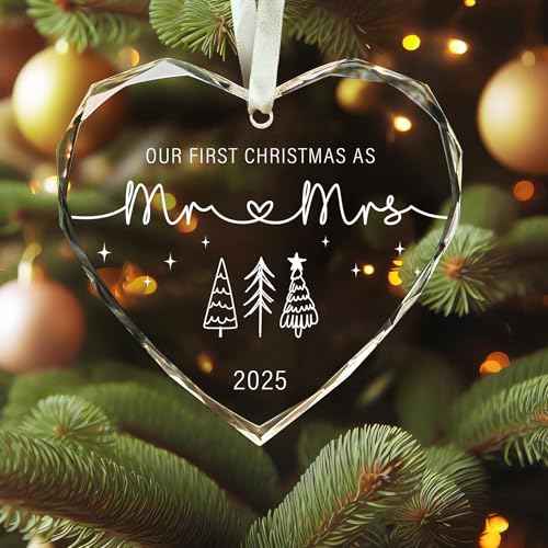 First Christmas Married Ornament 2025 - Mr and Mrs Gifts, Wedding Gifts - Wedding Gift for Couples 2025, Newlyweds, Bride - Bridal Shower Gift Ideas - Glass Christmas Hanging Ornament