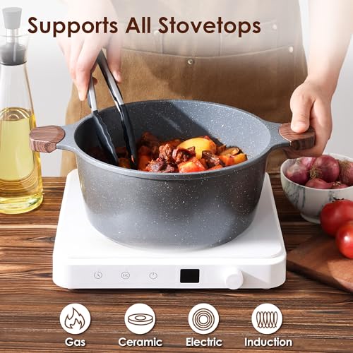 Nonstick Stock Pot with Lid 4.5 Quart Gray - Induction Compatible, Easy to Clean