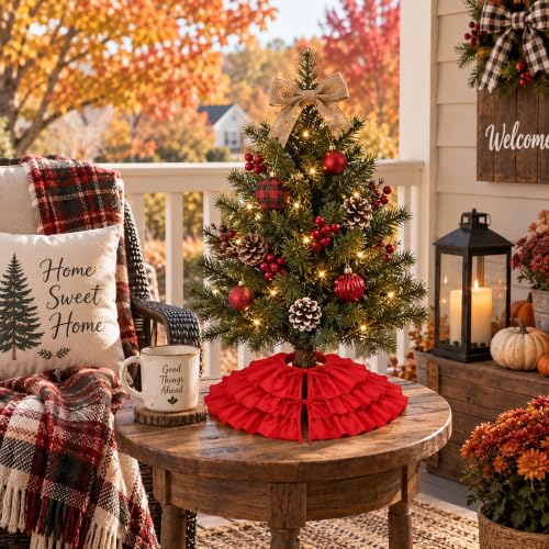 Ivarunner 24 Inch Red Mini Christmas Tree Skirt with 3-Tier Ruffles – Tabletop Tree Mat for 2–3 ft & 4 ft Slim Trees