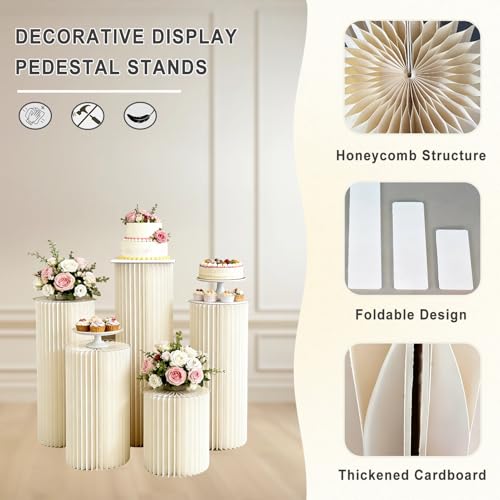 Jueraori Off-White Cylinder Pedestal Stands Set for Events & Displays, 5 pcs