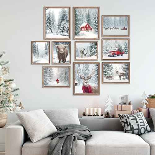 Whaline 10 Pcs Christmas Wall Art Wall Decor Prints Retro Winter Snowy Forest Scene Unframed Pictures Decorations for Xmas Holiday Home Living Room Bedroom Decor Gifts