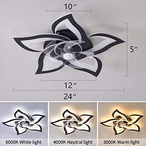 24-Inch Black Flower Ceiling Fan with Lights & Remote, Dimmable LED Modern Flush Mount Fan for Bedrooms & Kitchen