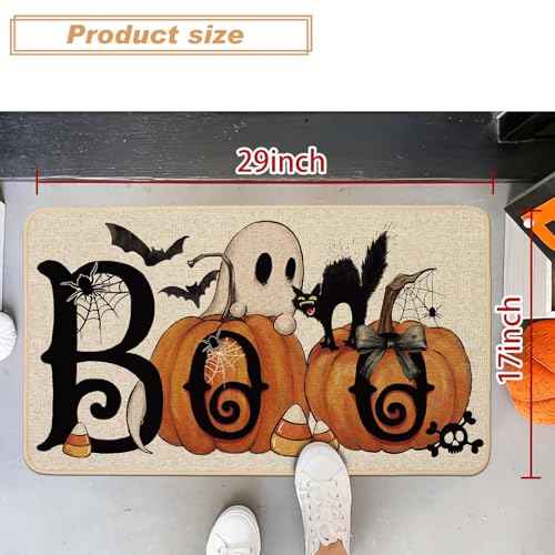 Baccessor Halloween Pumpkins Welcome Doormat 17x29 Inch, Boo Ghost Black Cat Decorative Front Door Mat Non Slip Rubber Backing Fall Seasonal Entryway Floor Decoration
