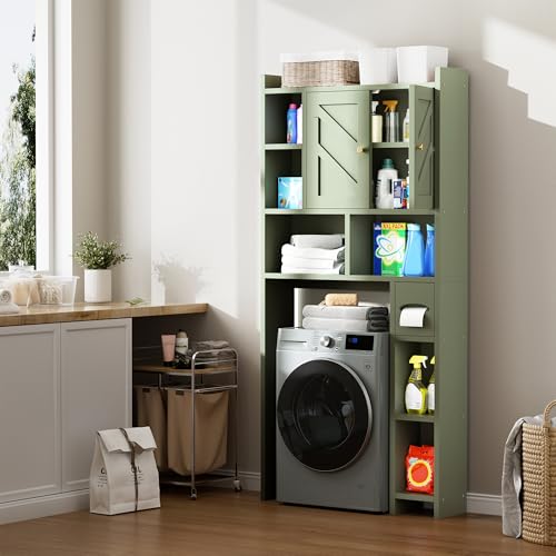 Meilocar Green Over The Toilet Storage Cabinet 64.6" Tall Bathroom Organizer with Adjustable Shelf & Toilet Paper Holder
