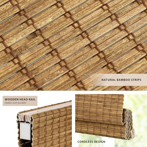 LazBlinds No Drill Bamboo Roman Shades 46.5" W x 48" H Eastfield Teak Light Filtering