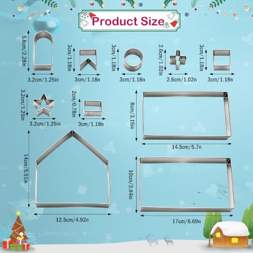 SINGARE 10Pcs 3D Gingerbread House Cookie Cutters Set – Stainless Steel, Includes Front/Back Walls, Roof, Doors & Windows