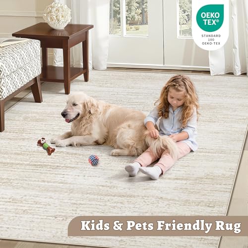 Beige 5x7 Modern Washable Non-Slip Area Rug for Living Room, Bedroom, Kitchen