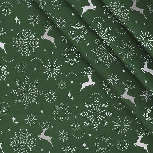 MOOK Fabrics 15 Yard Cotton Fabric Christmas Snowflakes & Deer Green Silver 45"