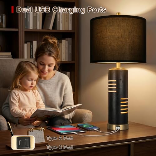 Black Faux Stone 27.5-Inch Table Lamps Set of 2 with USB & Night Light