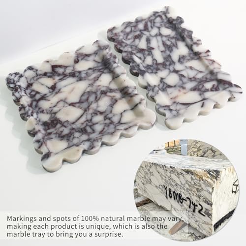 Natural Marble Vanity Tray - Rectangular Calacatta Viola with Scalloped Edge, 11.8 x 7.4 Inches