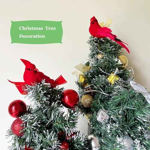 6pcs Red Cardinals Bird Decor Christmas Tree Ornaments 5.5Inch Clip on Fabric Feathered Artificial Birds for Xmas Party Decoration Wreath Crafts