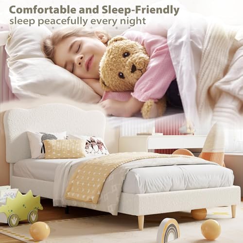 Beige Upholstered Twin Bed Frame for Kids - Safe, Sturdy & Easy Assembly