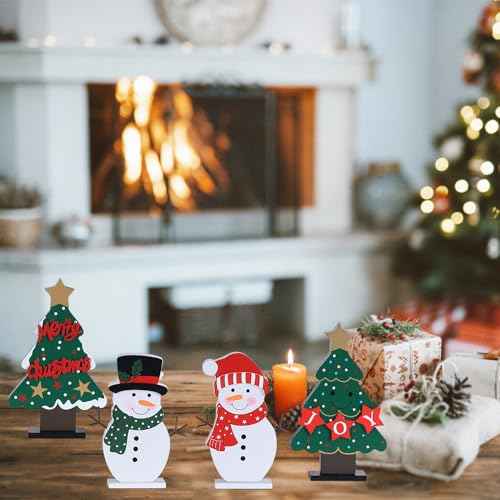 DECSPAS Christmas Decorations Indoor, 4 PCS Wood Christmas Trees & Snowmen for Centerpiece Table Decorations, Wooden Tiered Tray for Xmas Decor, Home, Winter, Tabletop, Mantel, Shelf, Gifts