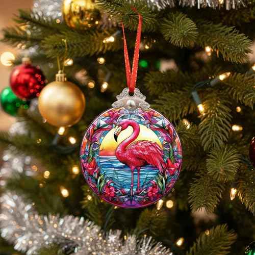 Flamingo Christmas Tree Ornaments - Stained Glass Hanging Art Decor for Window Home Elegant Round Ornament Small Sun Catcher Xmas for Bird Lover Women Gifts Exchange Idea