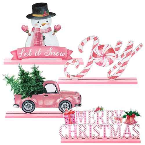Haooryx 4Pcs Winter Christmas Pink Watercolor Wooden Centerpieces Decorations, Merry Xmas Wood Letter Sign Detachable Table Topper for Christmas New Year Party Favors Supply Home Decor Supplies
