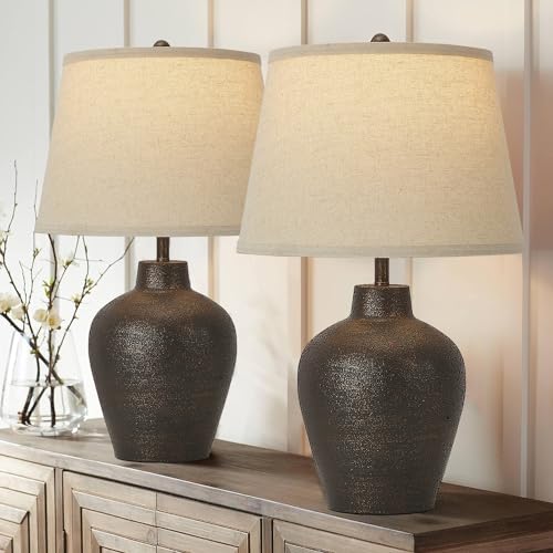 Farmhouse Rustic Table Lamps Set of 2 - Brown Nightstand Lamps for Bedroom & Living Room
