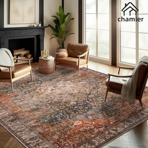 6x9 Washable Boho Medallion Area Rug - Red Blue Flowers, Non-Shedding, Easy Care, High Traffic