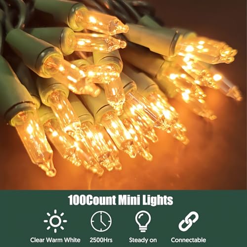 Wabarle Warm White Christmas Lights 100 Count Incandescent String 21ft Connectable Indoor Outdoor UL Certified