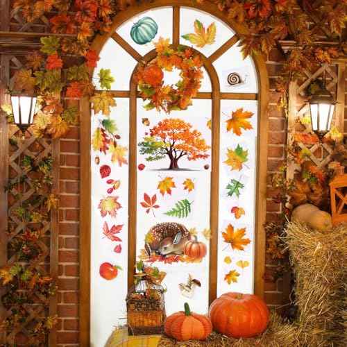 Fall Window Clings,Autumn Window Clings,Thanksgiving Decorations,9 Sheets Double-Side Pumpkin Leaves Window Stickers for Autumn Harvest Thanksgiving Home Party Shop Display Decoration