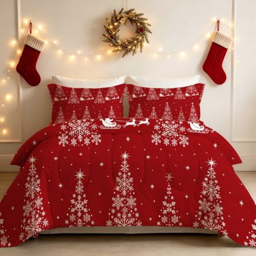 EDGZKO Red Christmas Santa Claus Comforter Set Full - Elk Holiday Bedding