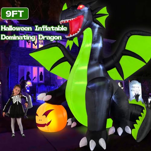Halloween Inflatable Dragon Pumpkin Decoration - Green 9FT Outdoor Yard Decor