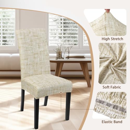 SearchI Flaxen Print Dining Chair Covers Set of 6 – Stretchable, Washable Parsons Slipcovers for Kitchen & Dining Chairs