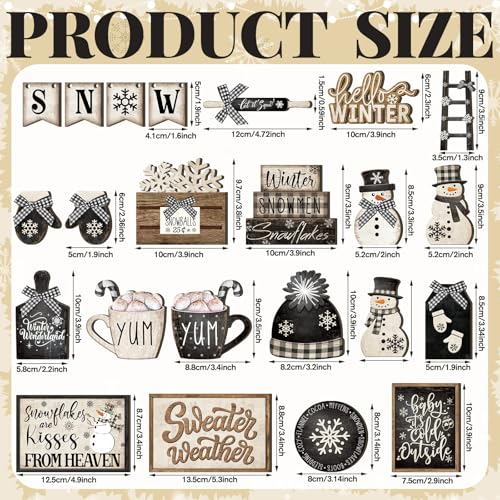 23 Pcs Christmas Tiered Tray Decor Snowman Farmhouse Decor Christmas Sign Winter Table Centerpieces Winter Wood Blocks Signs for Home Shelf, Without Tray (Black, White,Snow)