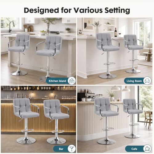 OLIXIS Grey Set of 2 Swivel Bar Stools with Armrest & PU Leather, Adjustable Height
