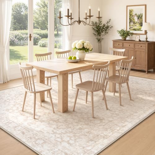 Beige 6'x9' Boho Vintage Washable Non-Slip Area Rug - Soft Stain-Resistant Indoor Carpet for Living Room, Bedroom, Nursery, Office