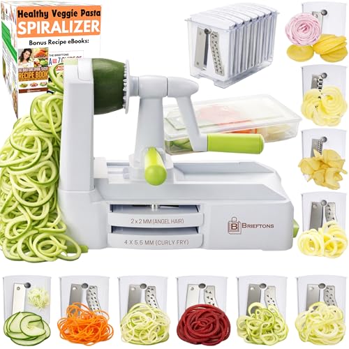 Brieftons 10-Blade Vegetable Spiralizer with Catch Container - White