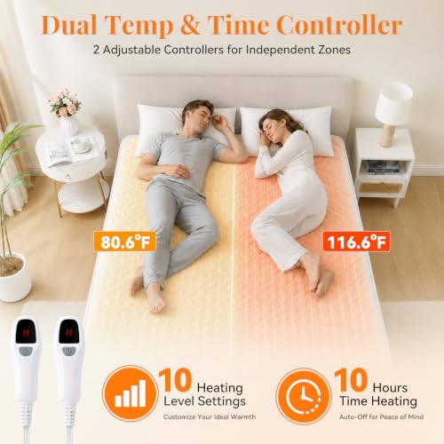 SurChic Queen Size Heated Mattress Pad - Coral Fleece Electric Bed Warmer with Dual Controls, 10 Heat Settings, Auto Shut Off, 21” Deep Pocket, Machine Washable