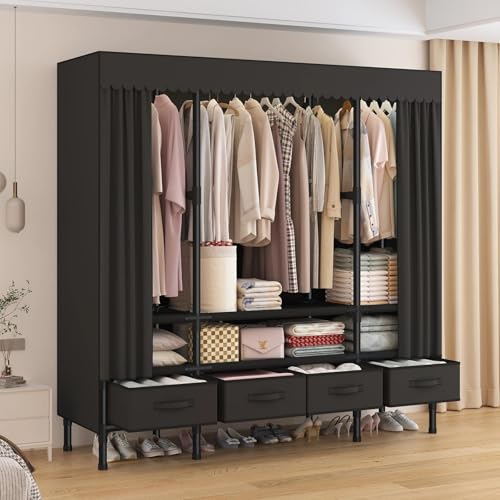 Portable Closet with Drawers 55.1x17.7x67.7in Black - Extra Large Wardrobe Storage
