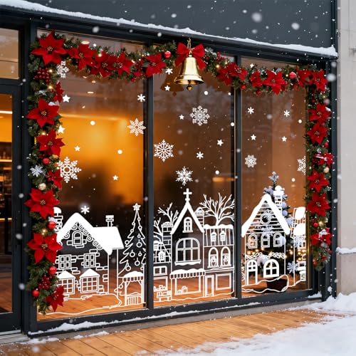 JarThenaAMCS 13.8x35.4'' Extra Large Christmas Window Clings 4 Sheets - White Houses & Snowflakes Double-Sided