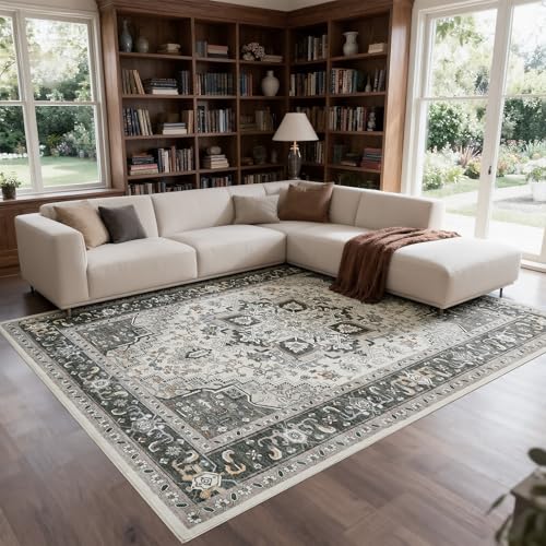 WEZVIX Taupe 8x10 Area Rug - Vintage Boho Low Pile Non-Slip Carpet for Living Room & Bedroom