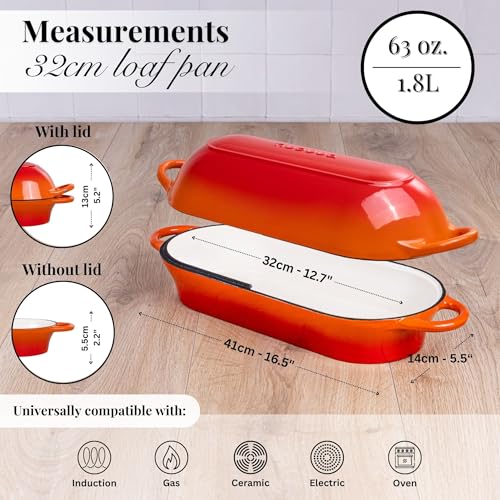 Enamelled Cast Iron Bread Loaf Pot - Rectangular Dutch Oven for Sourdough - 34cm x 16cm - Orange - Nuovva