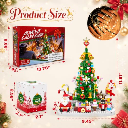 MYDOVA 2026 Christmas Tree Building Blocks Advent Calendar with Warm Light, 1250+ Pieces