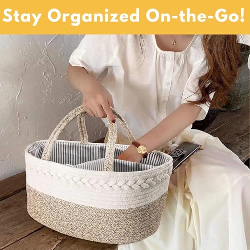 Beige Baby Changing Basket Set with Diaper Caddy Organizer - Handcrafted Cotton Boho Nursery