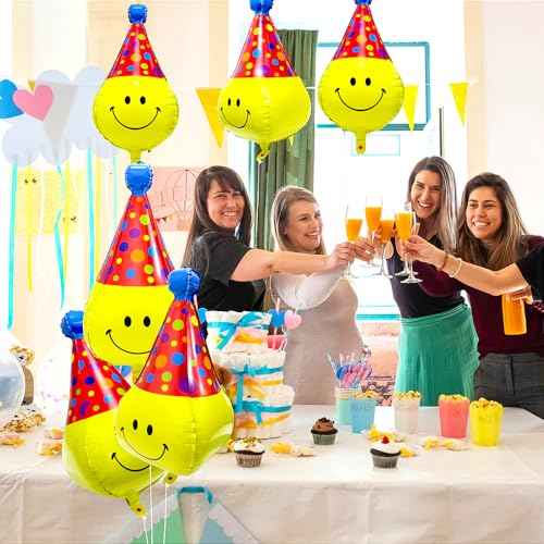 Unique 4D Happy Emoticons With Hat Balloons Smile Face Helium Balloons, 6 Pack Cute Cartoons Movie Character Smile with Party Hat Foil Mylar Balloons For Kids Birthday Decoration Party Supplies
