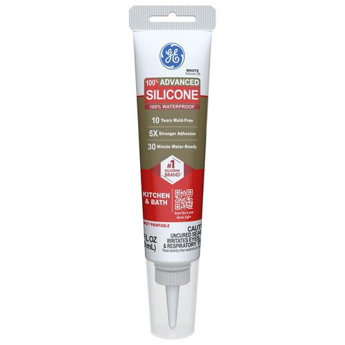 GE Advanced Silicone Caulk - 100% Waterproof Sealant for Kitchen & Bathroom | 2.8 fl oz Tube, White